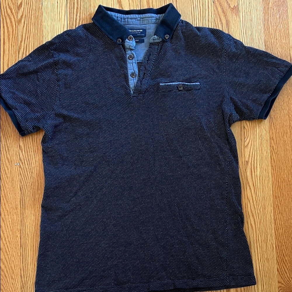 Denim & flower Dark Blue Polo Shirt with Button Detail